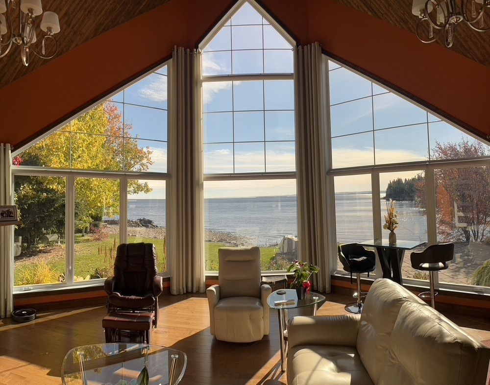 Un salon avec un canapé et des chaises et une vue sur l'océan