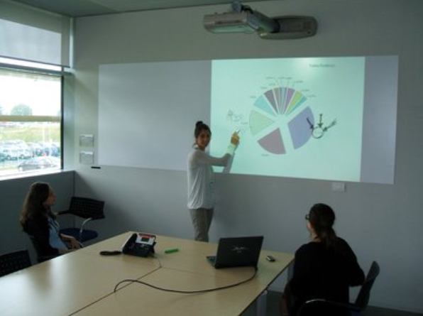 Une femme fait une présentation devant un écran de projection