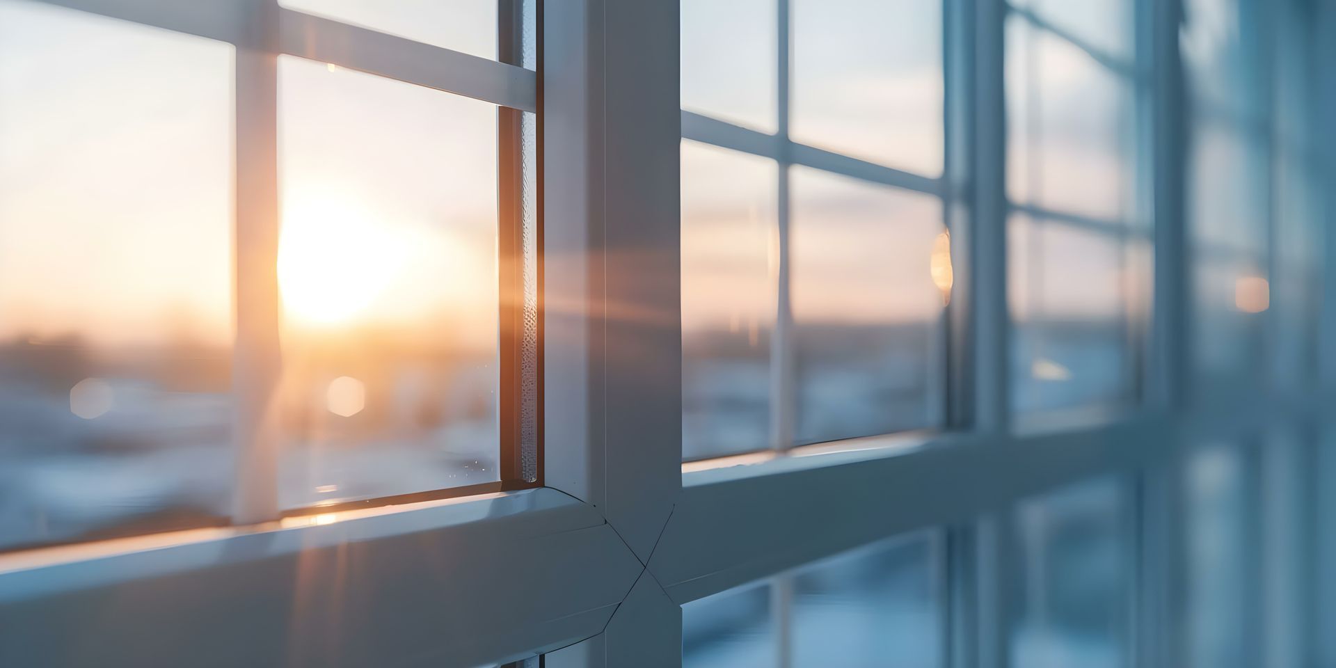 Fenêtre encadrant un lever de soleil. La lumière filtre à travers la vitre, illuminant le ciel et le paysage lointain.