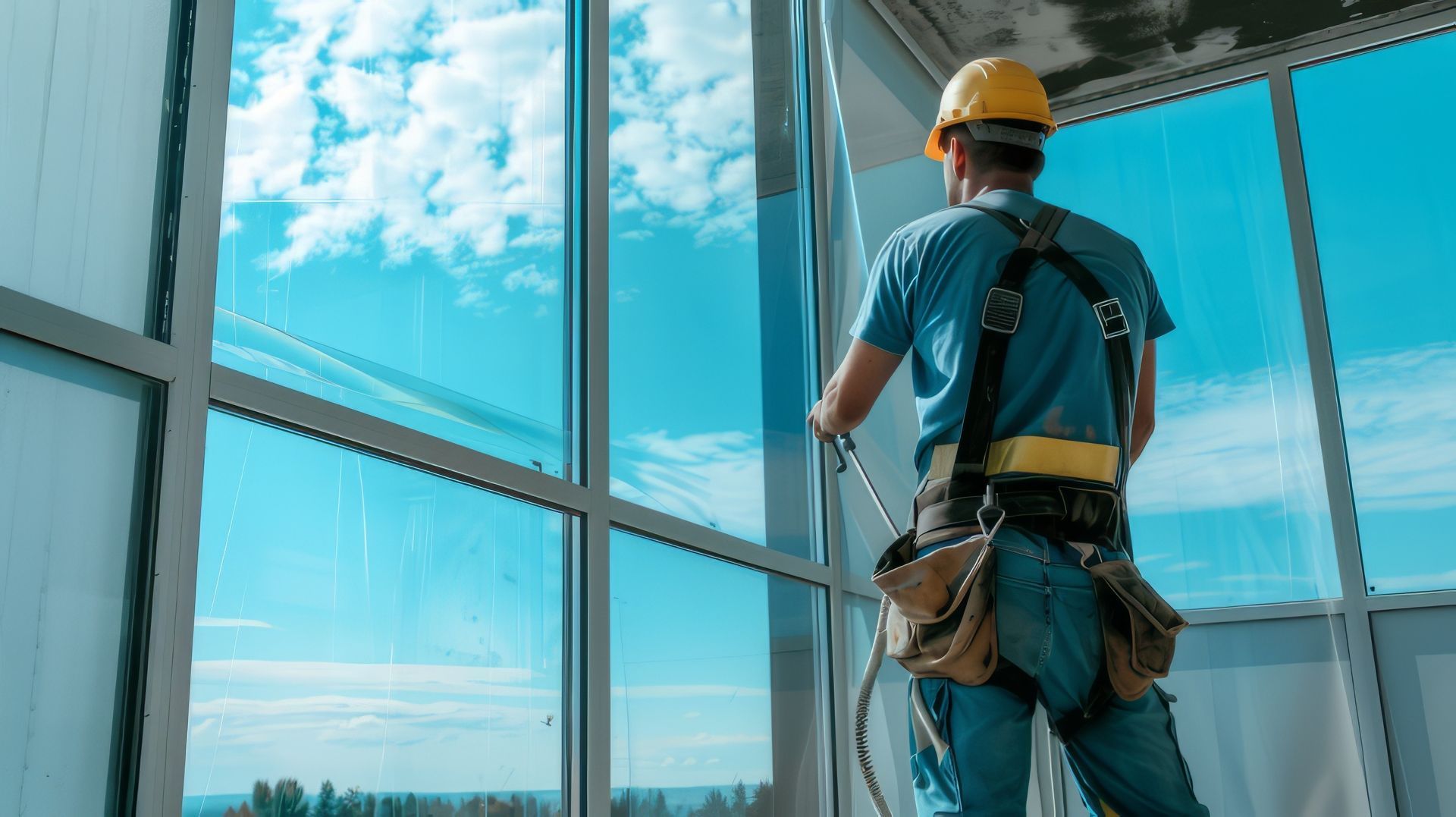 Laveur de vitres, harnaché et en pleine sécurité, nettoie une grande fenêtre donnant sur un ciel bleu.