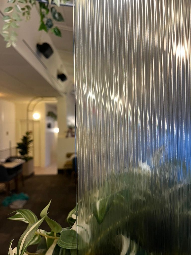 Une plante est assise devant un mur de verre dans un salon.