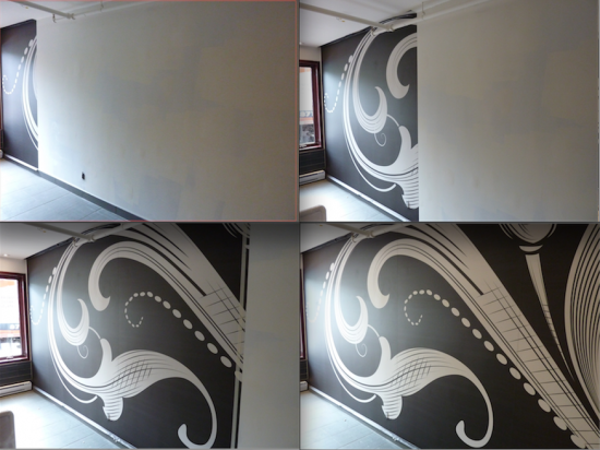 Quatre photos d'un mur avec un motif noir et blanc dessus