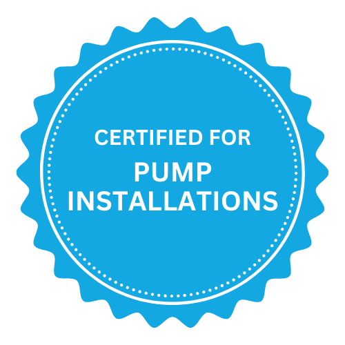 A blue badge that says certified for pump installations