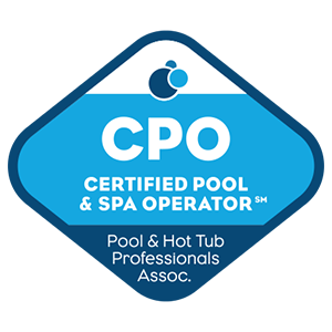 A blue badge that says cpo certified pool and spa operator