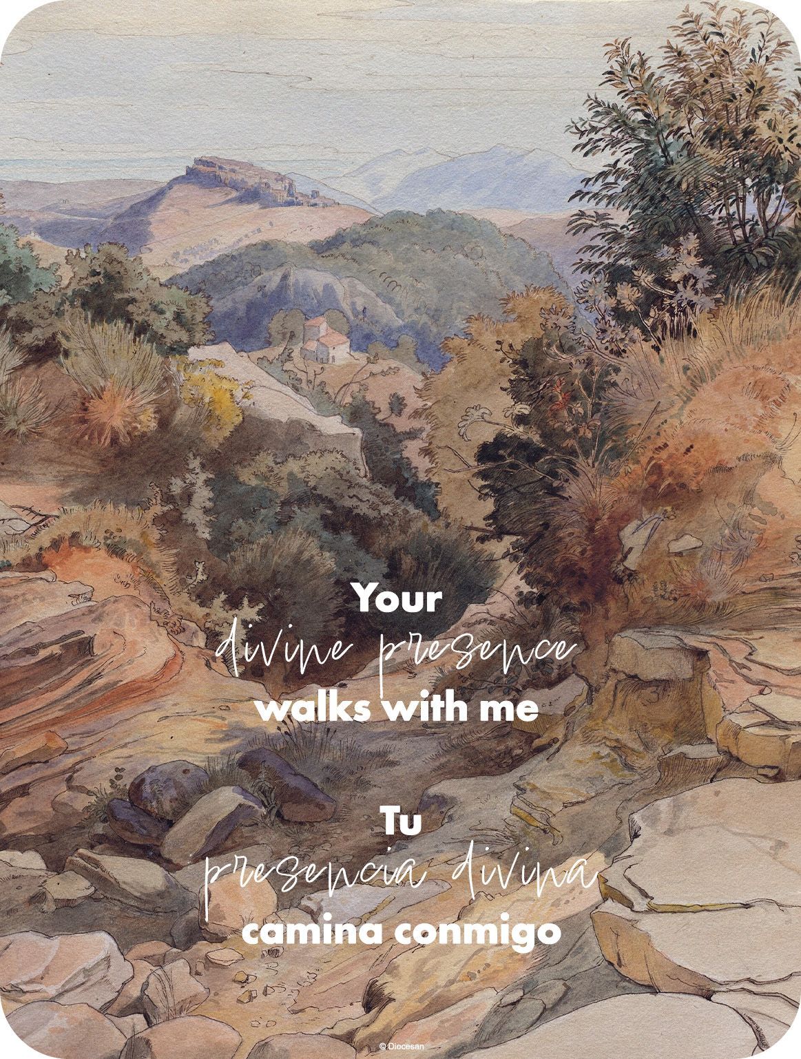Mountain path through autumn trees with overlaid text: “Your light always walks with me.”
