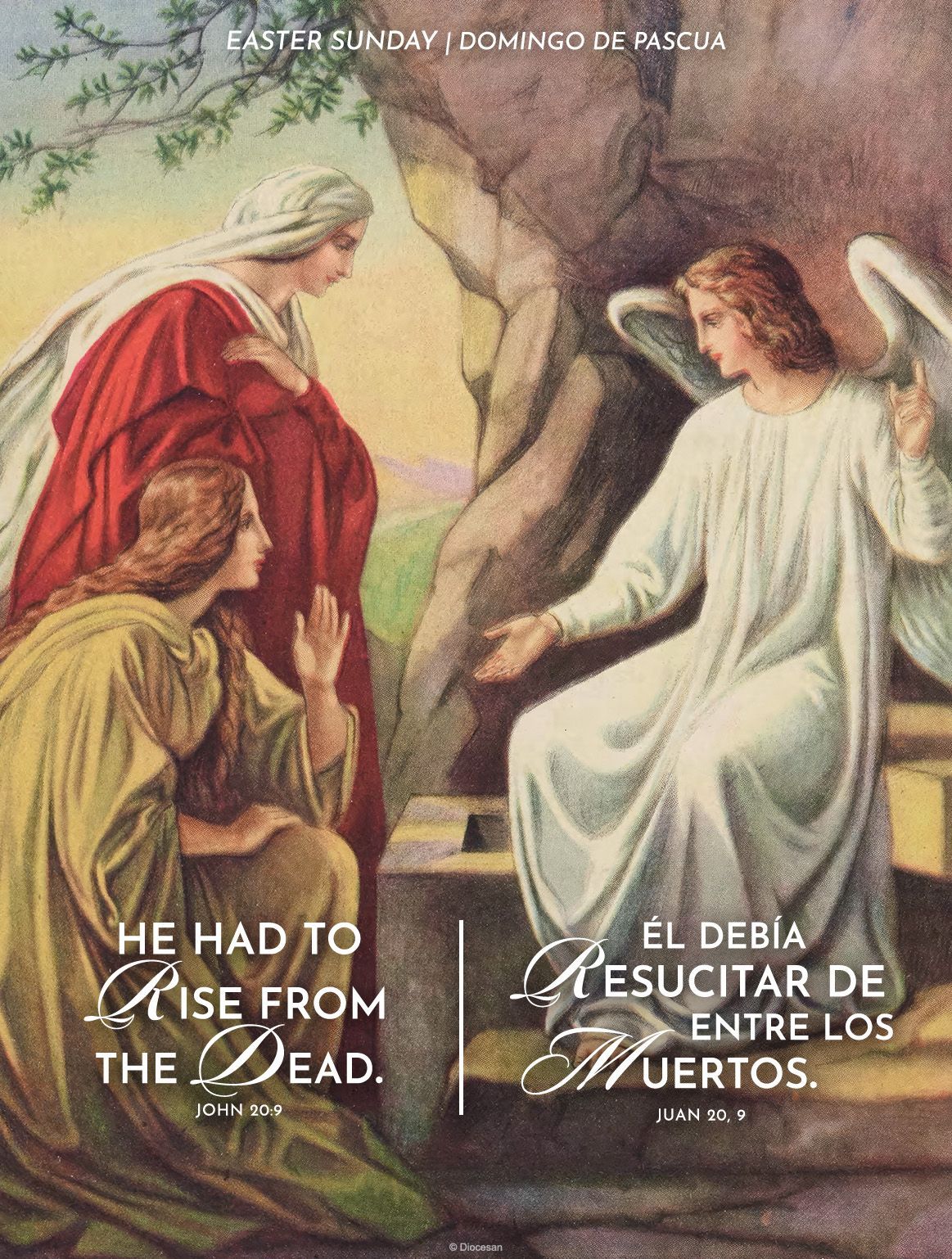 An angel sits at an empty tomb speaking to two women. Text reads: