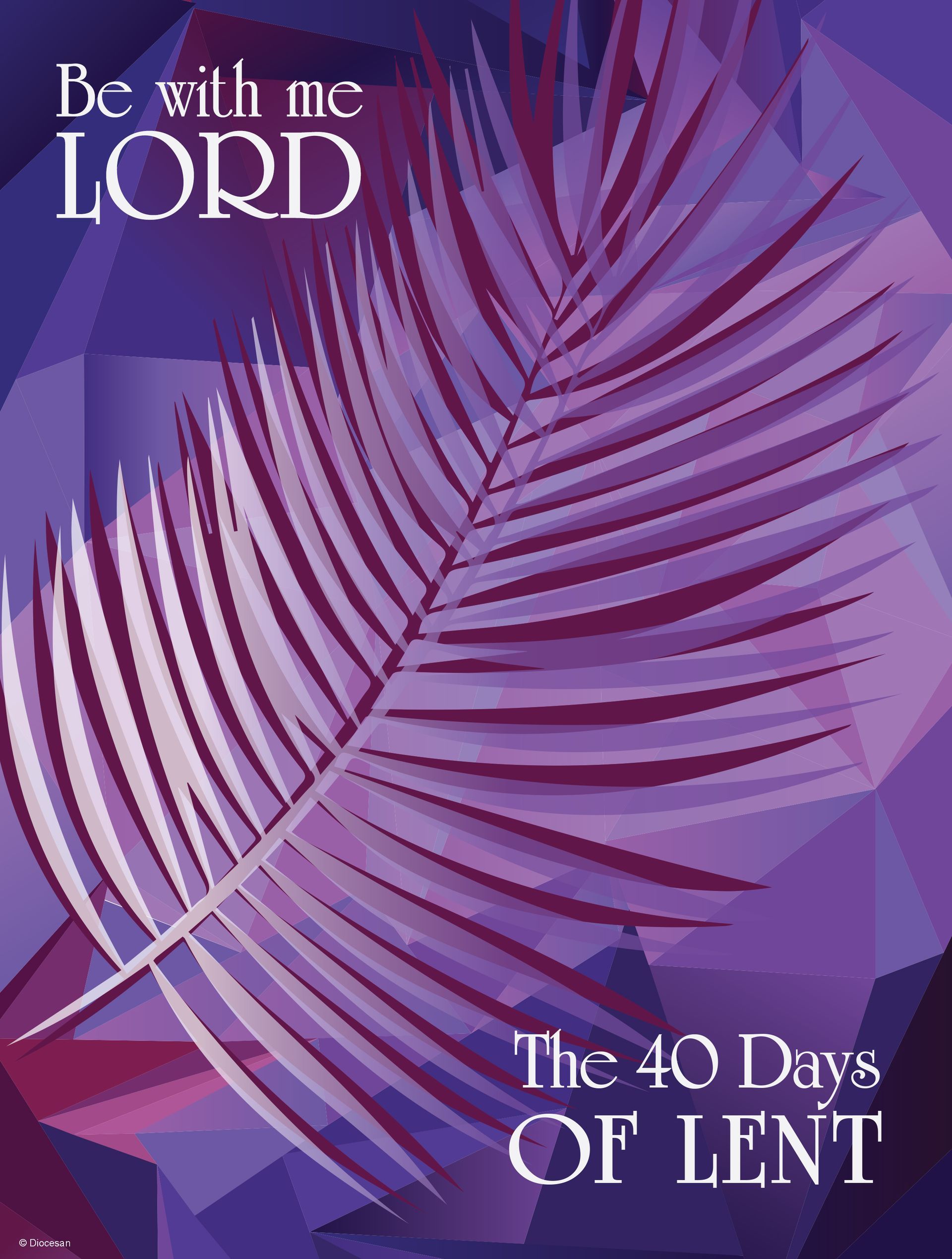 Purple palm leaf graphic with text