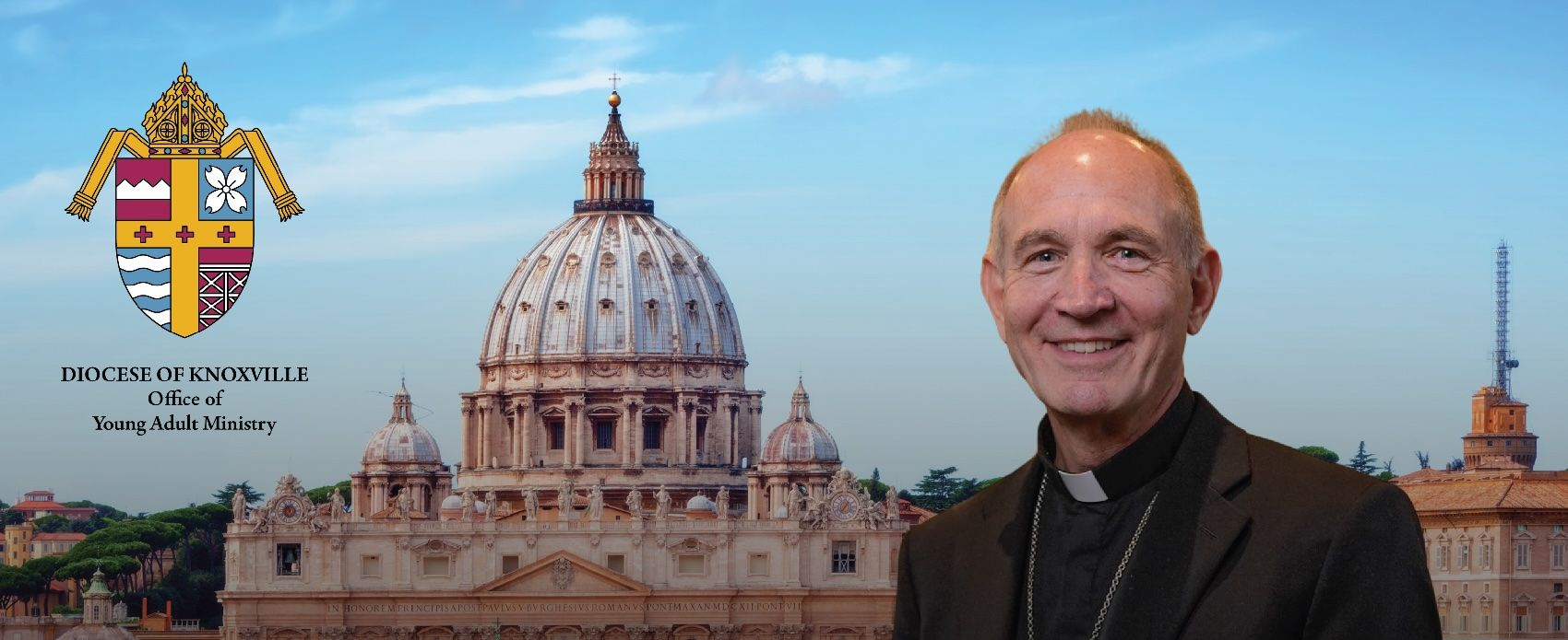 A smiling man in a collar and jacket, with St. Peter's Basilica in the background.