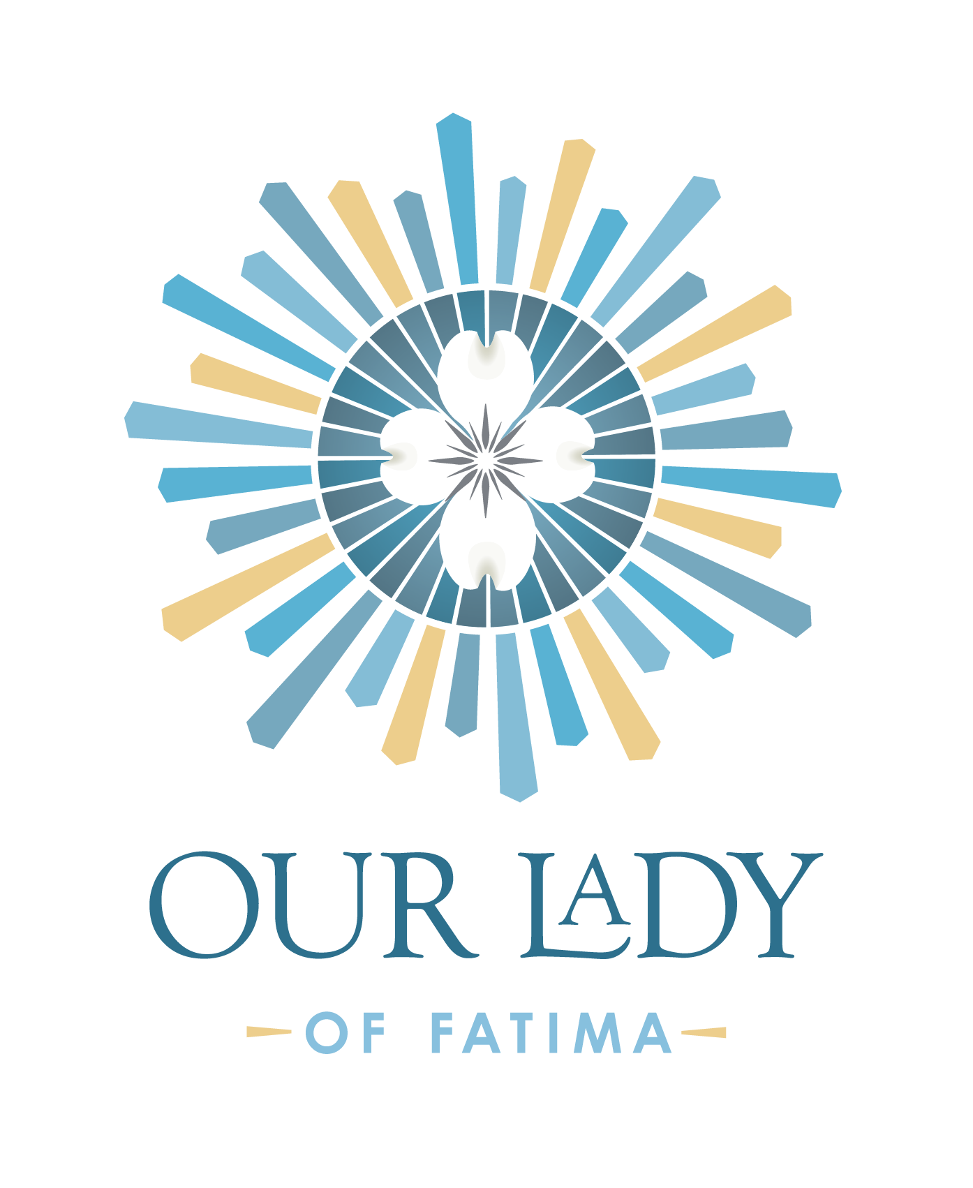 The logo for our lady of fatima is a sunburst with a cross in the center.
