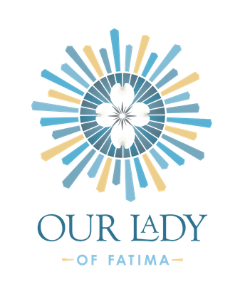 The logo for our lady of fatima is a sunburst with a cross in the center.