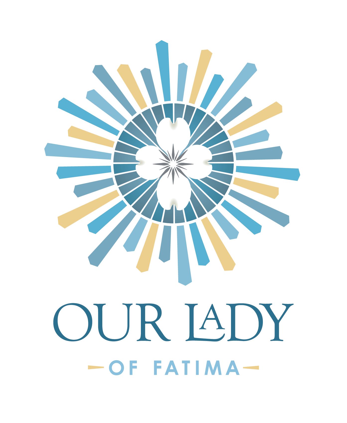 The logo for our lady of fatima is a sun with rays coming out of it.