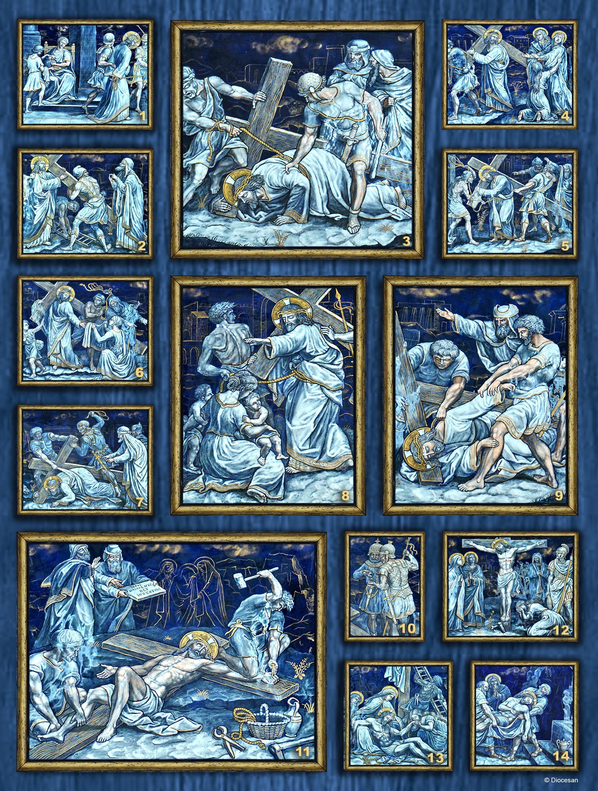 Collection of blue and white paintings in ornate gold frames on a blue wall; depicting biblical scenes.