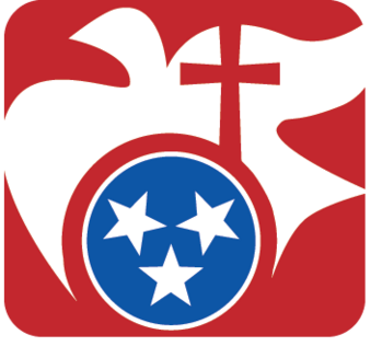 Tennessee Conference of Catholics Logo of Blue Tri-Star circle and a white dove with a cross over a