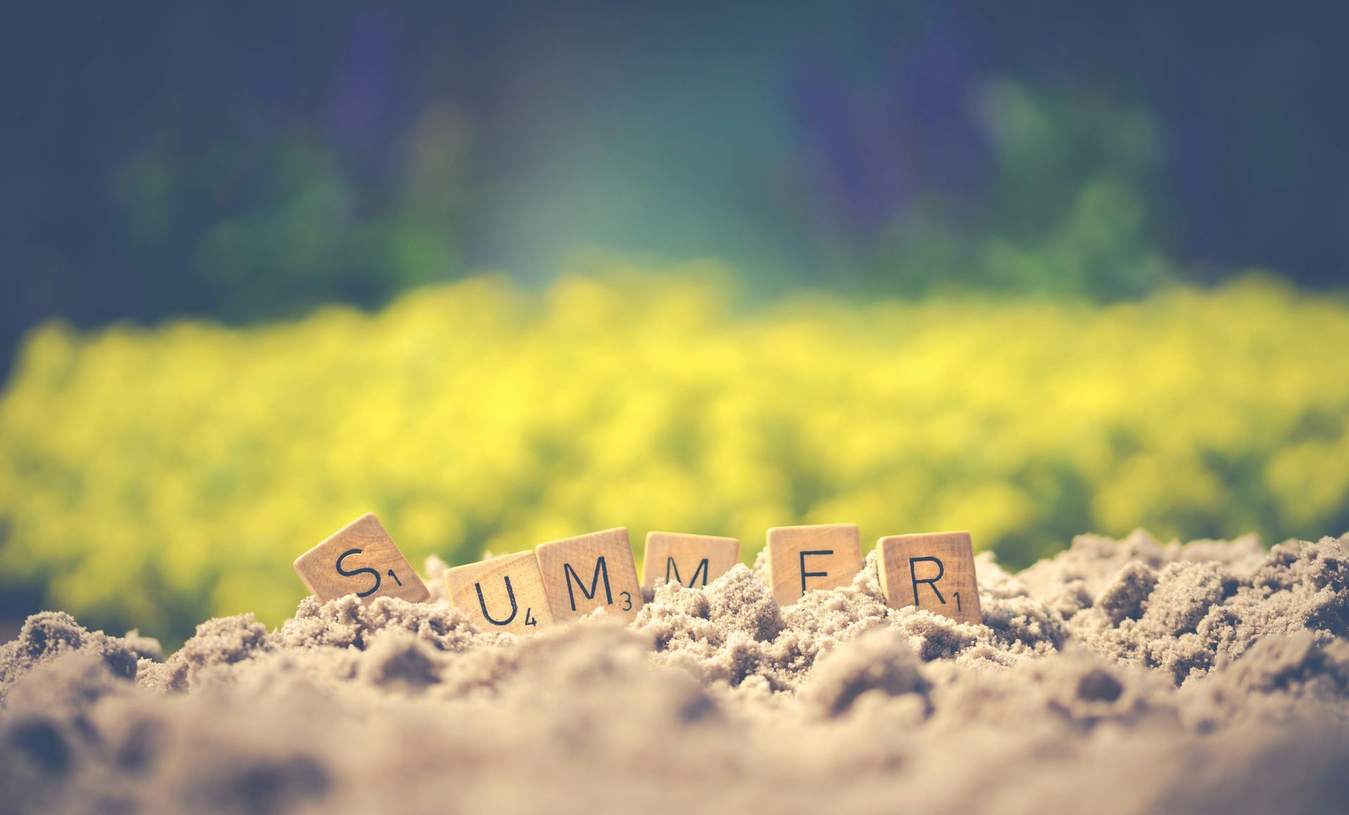 The word summer is written on wooden tiles in the sand.