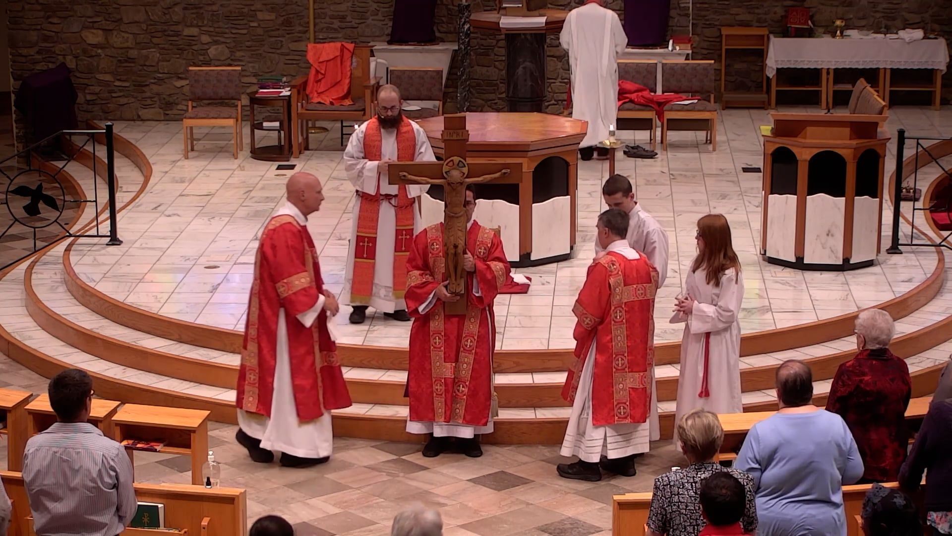 Dcn. Renzo holding the wooden crucifix with Dan Bill & Dcn. Leon Good Friday veneration of the cross