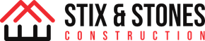 Stix & Stones Construction logo with red roof icon and black and red text on white background