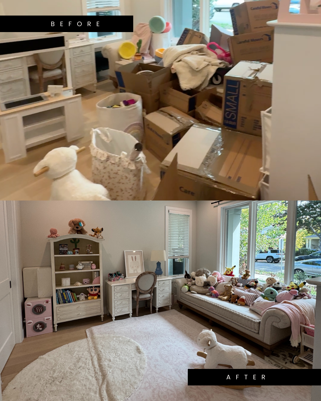 A split-screen comparison of a child's bedroom transitioning from cluttered cardboard boxes to an organized play space.