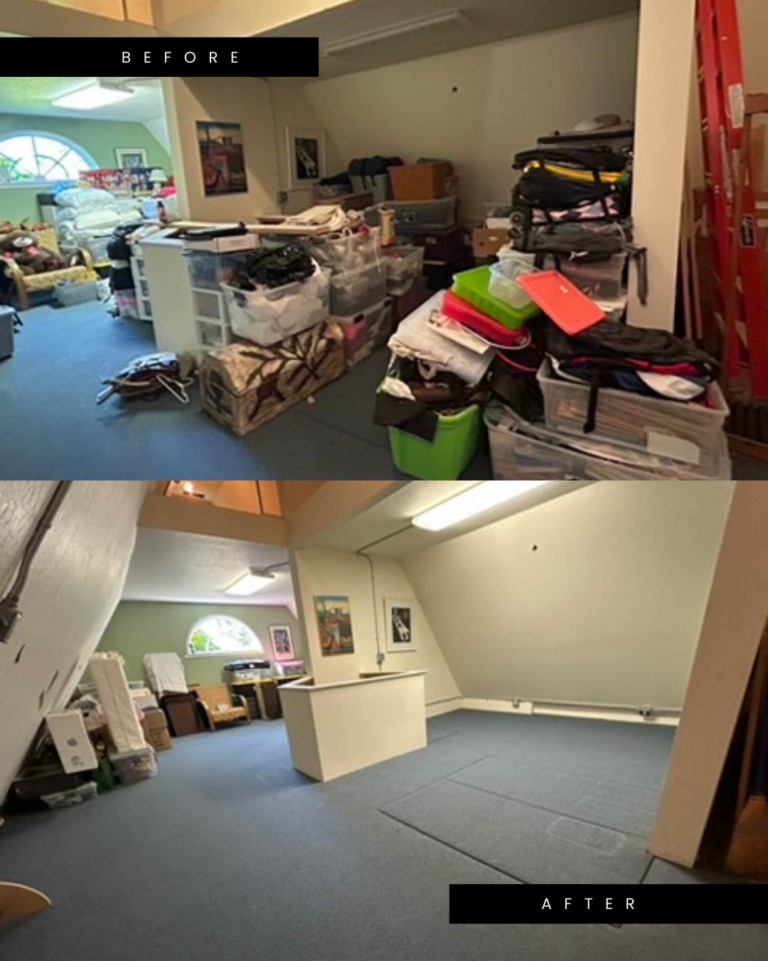 Before and after of a room showing the successful decluttering of boxes and items, leaving the space clear and organized.