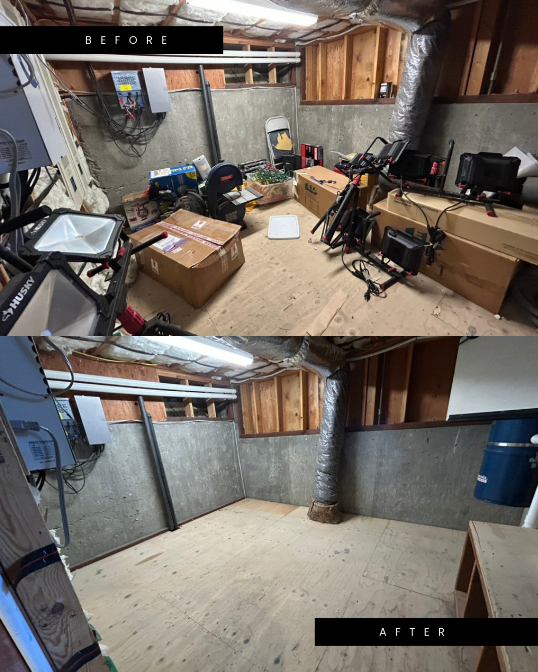 Before-and-after photos of a basement storage area cleared of boxes and exercise equipment, revealing a clean, empty room.