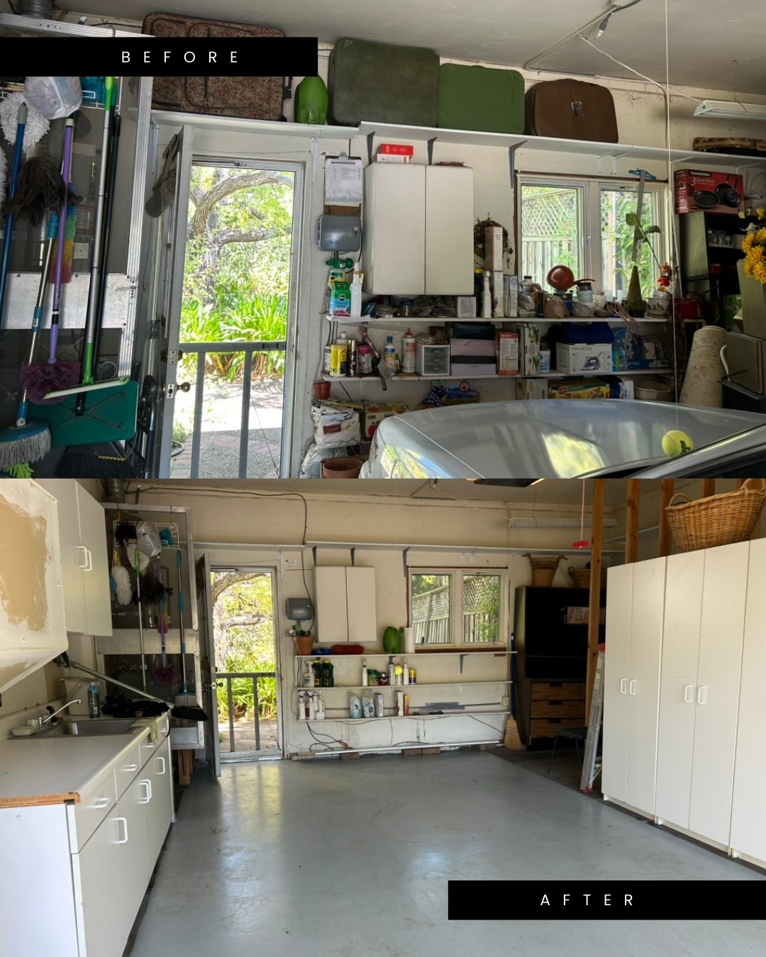 Before and after comparison of a garage showing clutter cleared, floors painted, and new white cabinets installed.