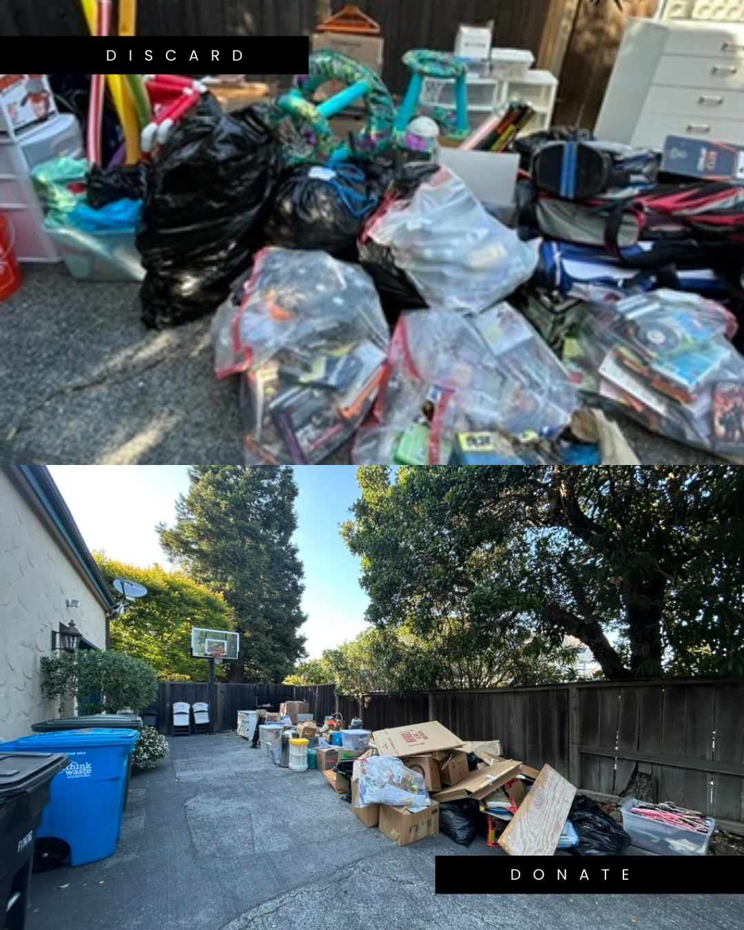 A split image showing a pile of trash bags labeled 