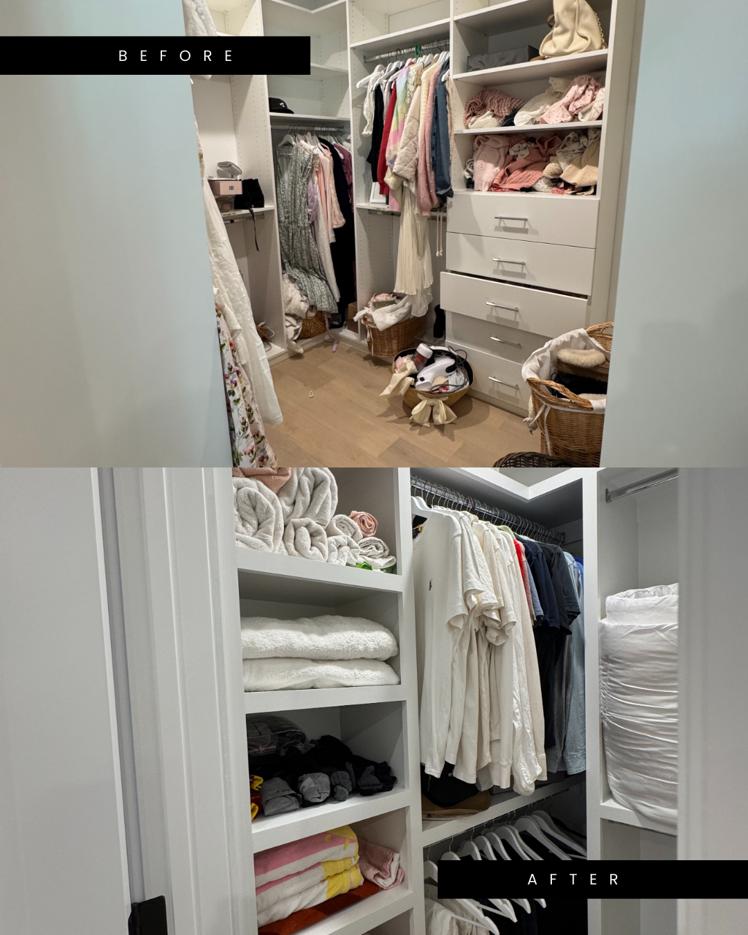 Before-and-after photos of a walk-in closet showing improved organization with neatly folded items and hanging clothes.