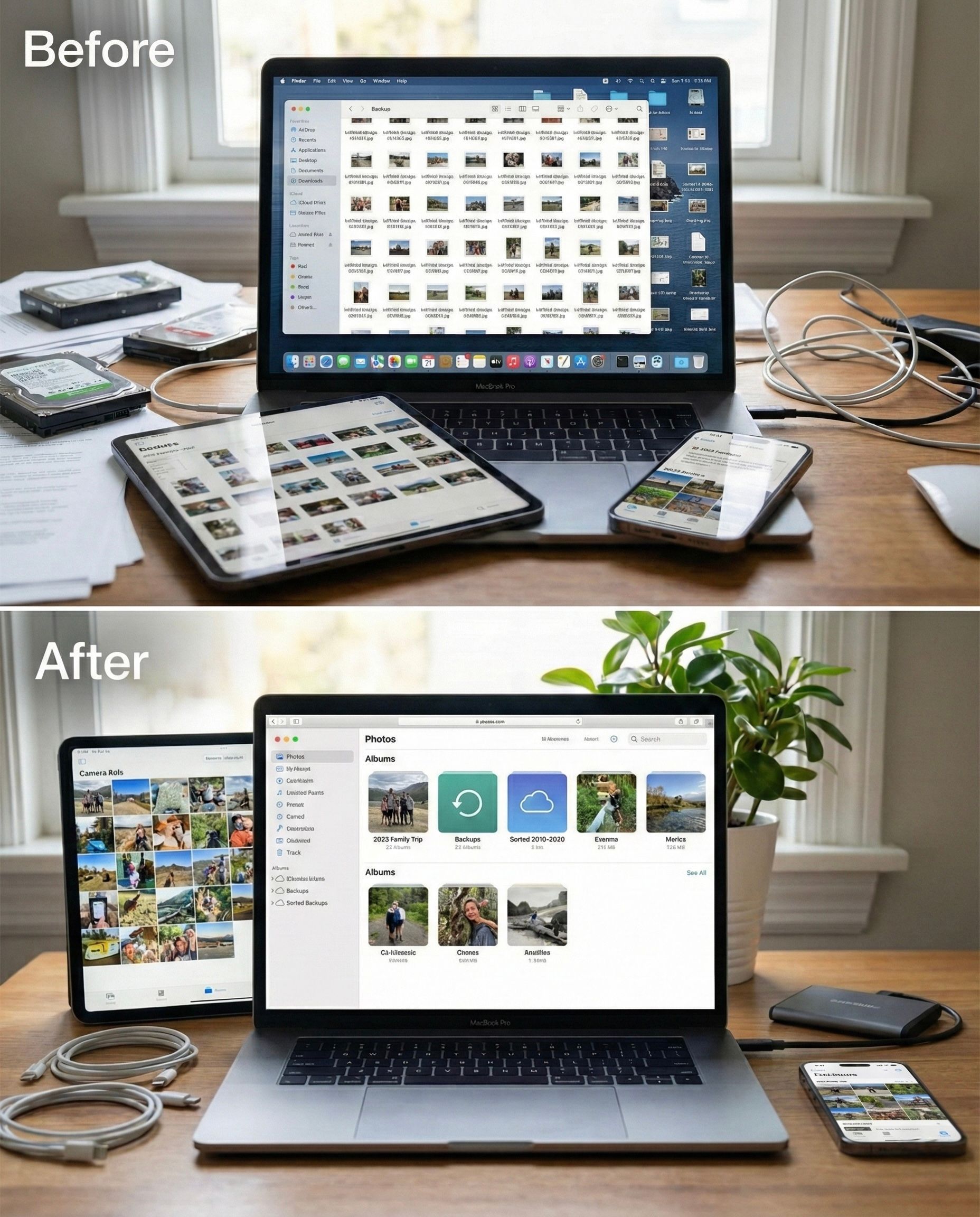 Top: cluttered desk with laptop displaying photo files. Bottom: organized desk with laptop and tablet, organized photo interface.