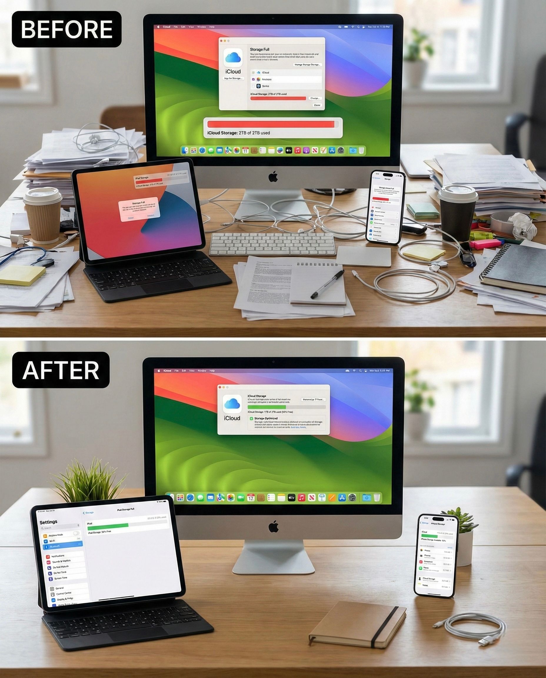 Desk before and after: cluttered, then organized. Includes iMac, tablet, and iPhone with cloud data on display.