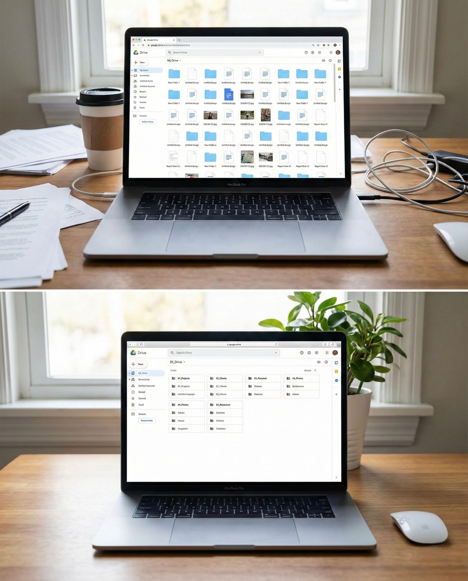Two laptop screens displaying file folders, a desk with papers, coffee, and a mouse.