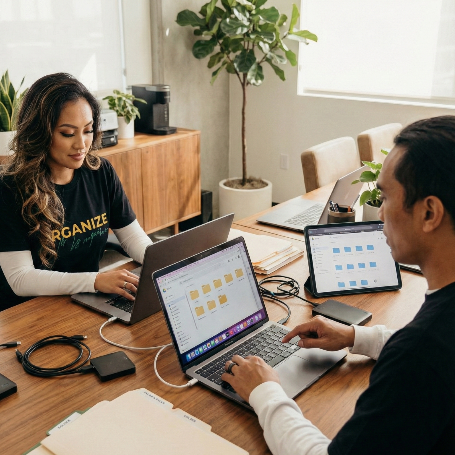 Two people working at a wooden table with laptops and a tablet. One types, the other looks at the screen. A bright, modern office space.