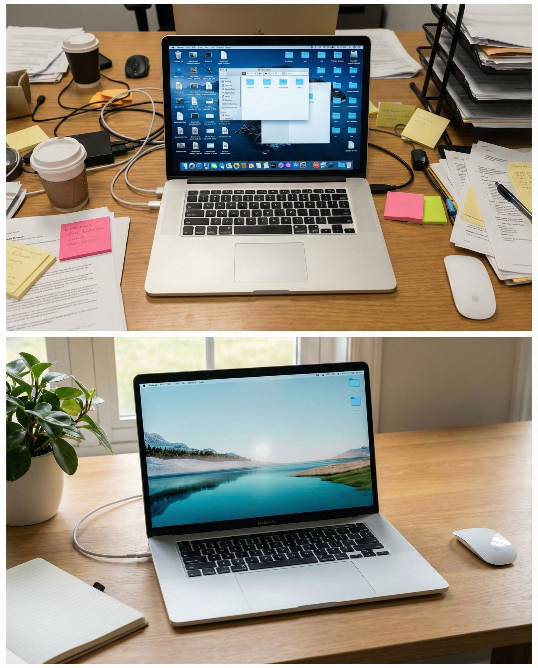 Top: Cluttered desk with a laptop displaying files. Bottom: Clean desk with laptop and nature wallpaper.