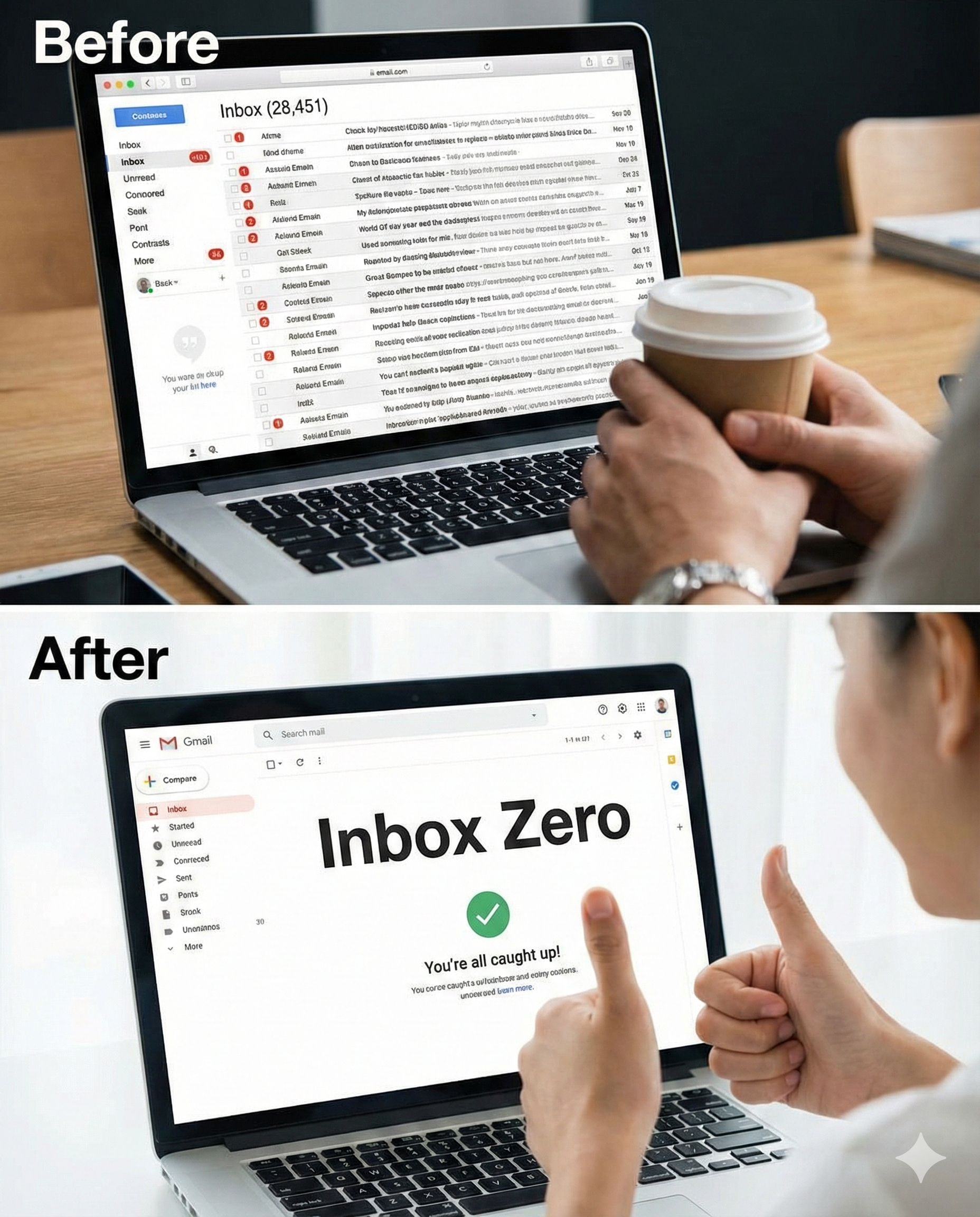Before/After: Email inbox cluttered, then cleared to “Inbox Zero,” thumbs up.