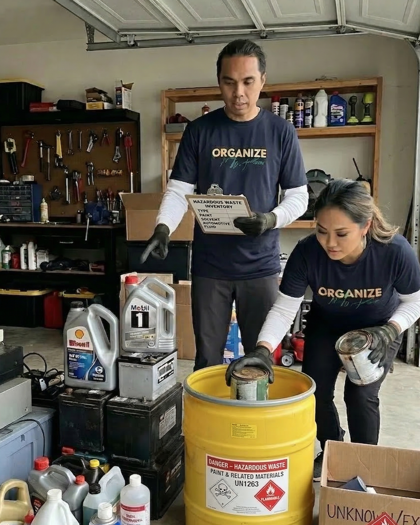 Two people sorting hazardous waste in a garage; man holds clipboard, woman places can in bin.