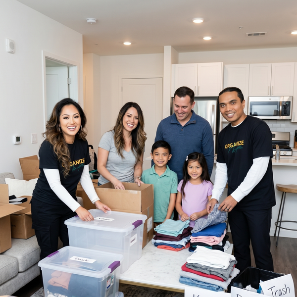 Five people packing folded clothes and supplies on a table in a bright living room