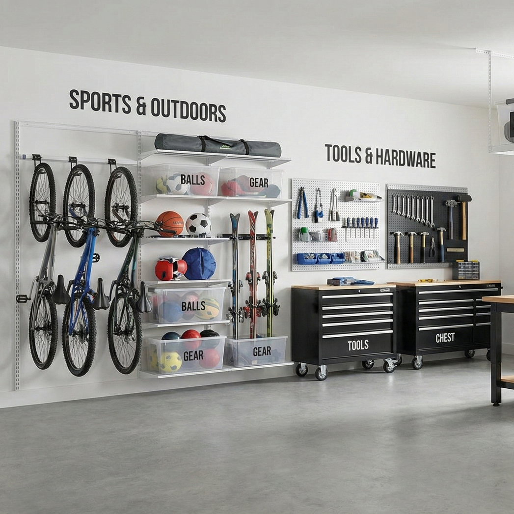 Garage organization system with bikes, sports equipment, and tools.
