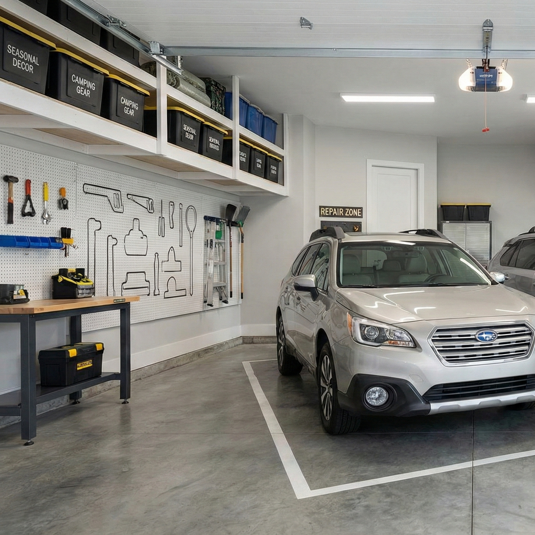 Silver SUV parked in a well-organized garage with tools, storage, and a work table.