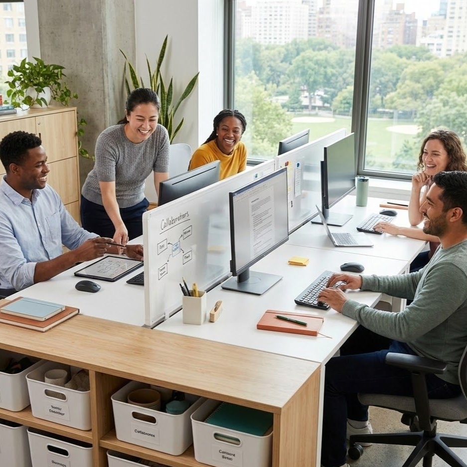 Organized open office workspace supporting team collaboration and employee harmony