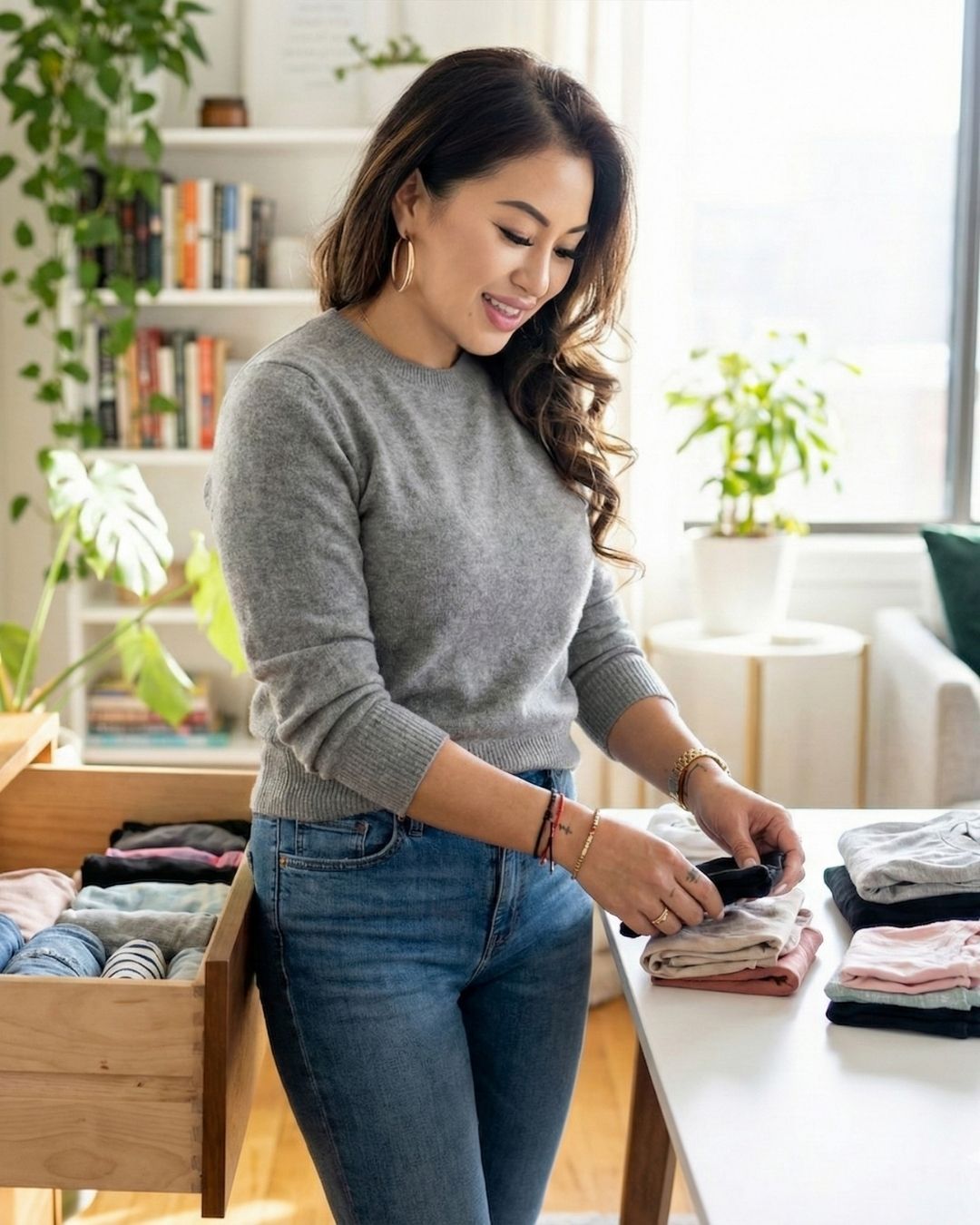 Woman folding clothes at a table in a bright room with a drawer of organized items.