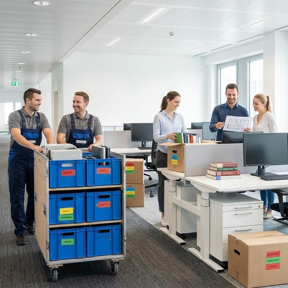Organized office move with labeled boxes and coordinated team setup
