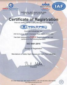 Certificate of Registration, showing Cyclops Industries is registered as a manufacturer of safety sight glasses.