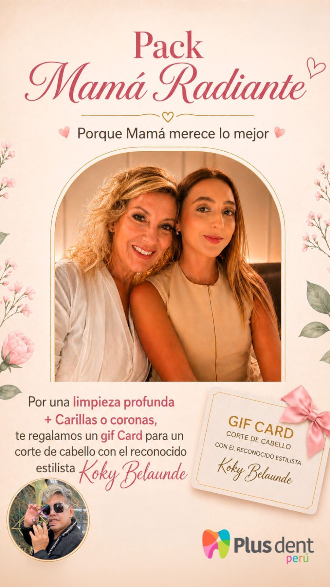 Cartel promocional de “Pack Mamá Radiante” con dos mujeres sonriendo junto a una tarjeta de regalo de Plusdent.