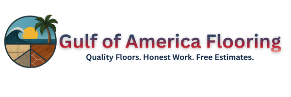Gulf of America Flooring logo, red-white-blue circle with palm tree, flooring installers Spring Hill FL.