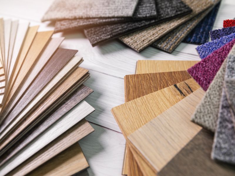Assorted wood and carpet flooring samples displayed for home design inspiration – Gulf of America Flooring.