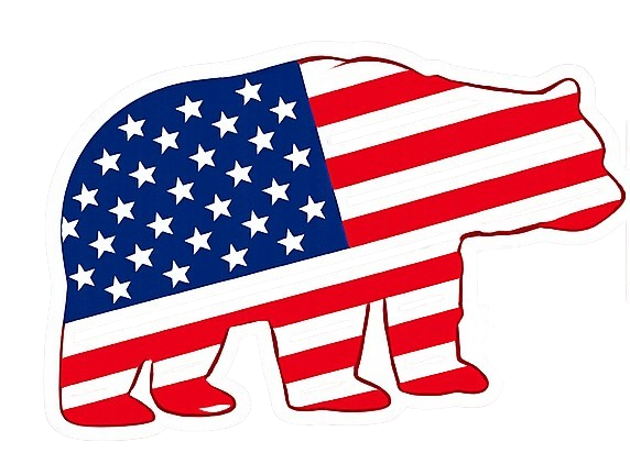 A silhouette of a bear filled with the pattern of the United States flag, featuring blue stars and red and white stripes.