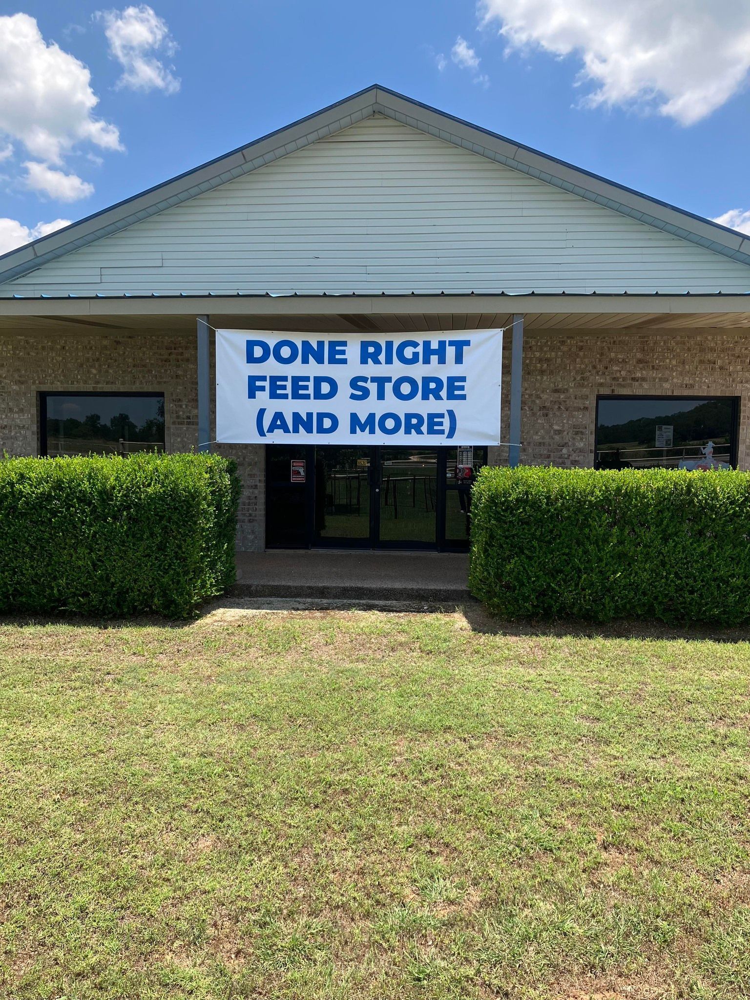 Feed store with banner reading 