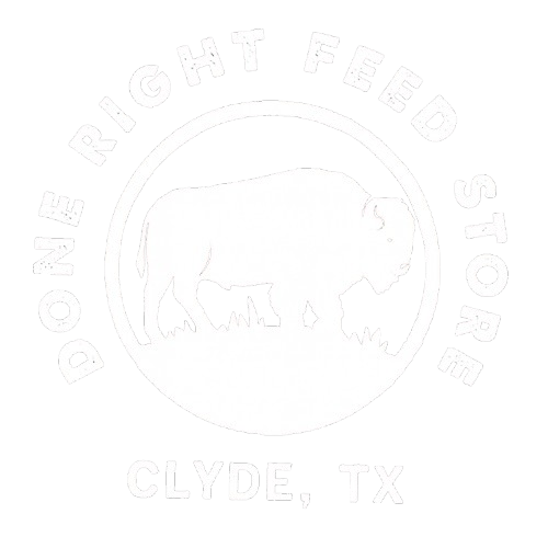 Logo for Done Right Feed Store, Clyde, TX, with a bison inside a circle.