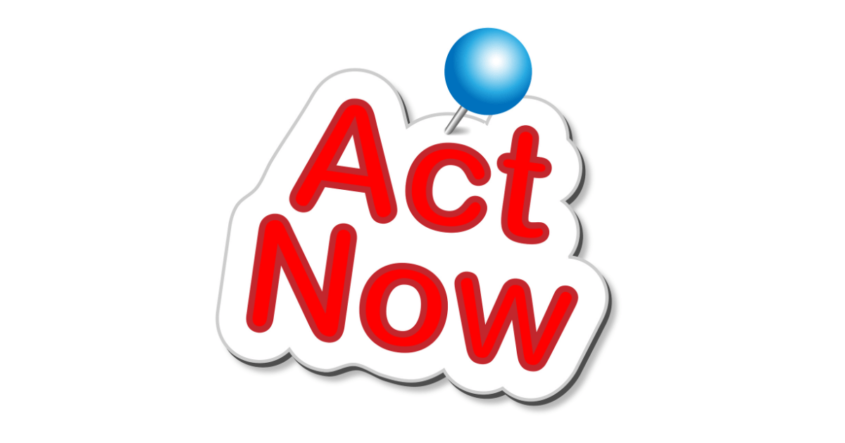 A red and white act now logo with a blue balloon