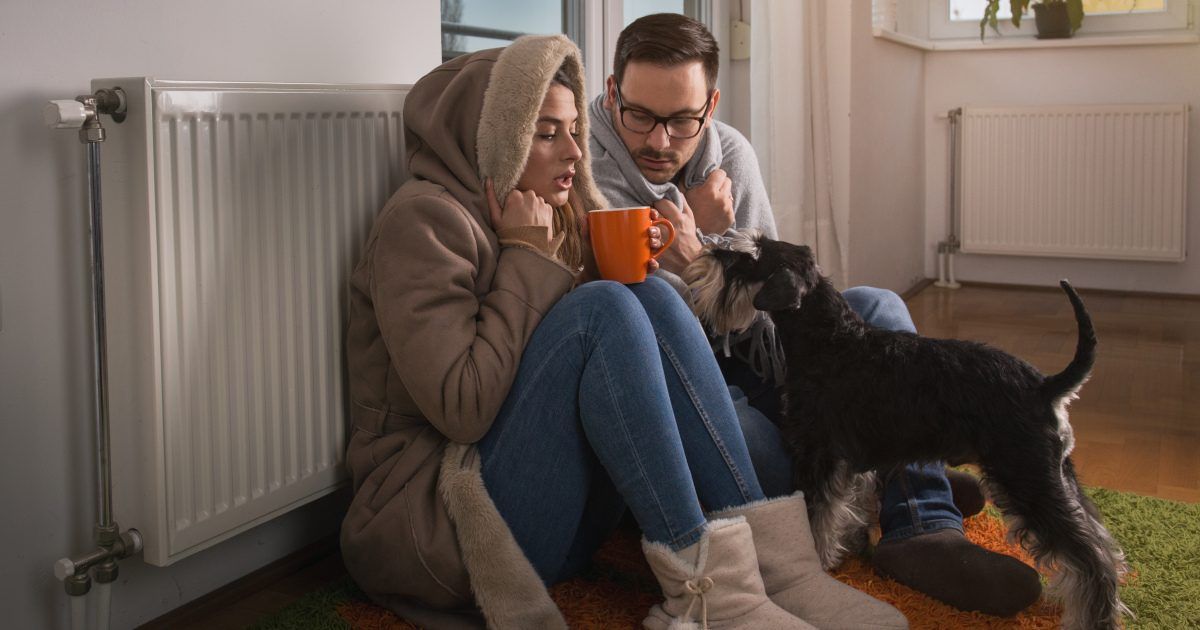 A man and a woman are sitting on the floor with a dog in front of a radiator.