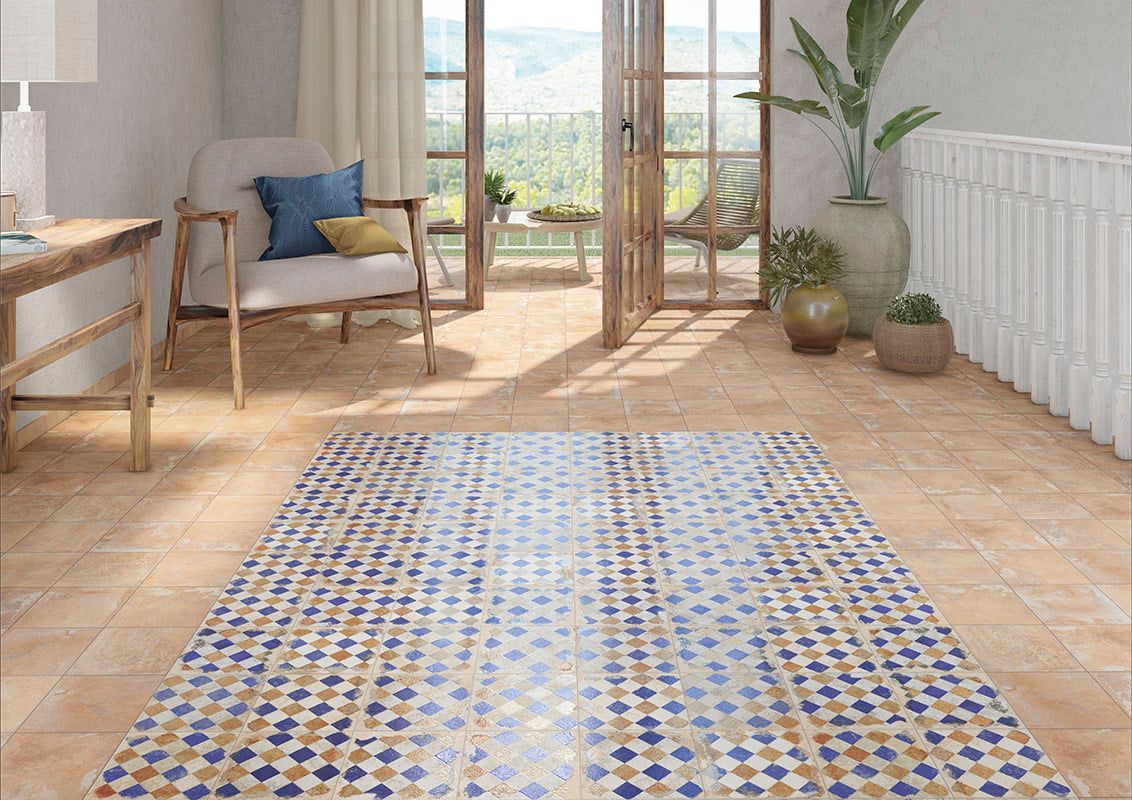 Un soggiorno con un tappeto sul pavimento e una sedia.