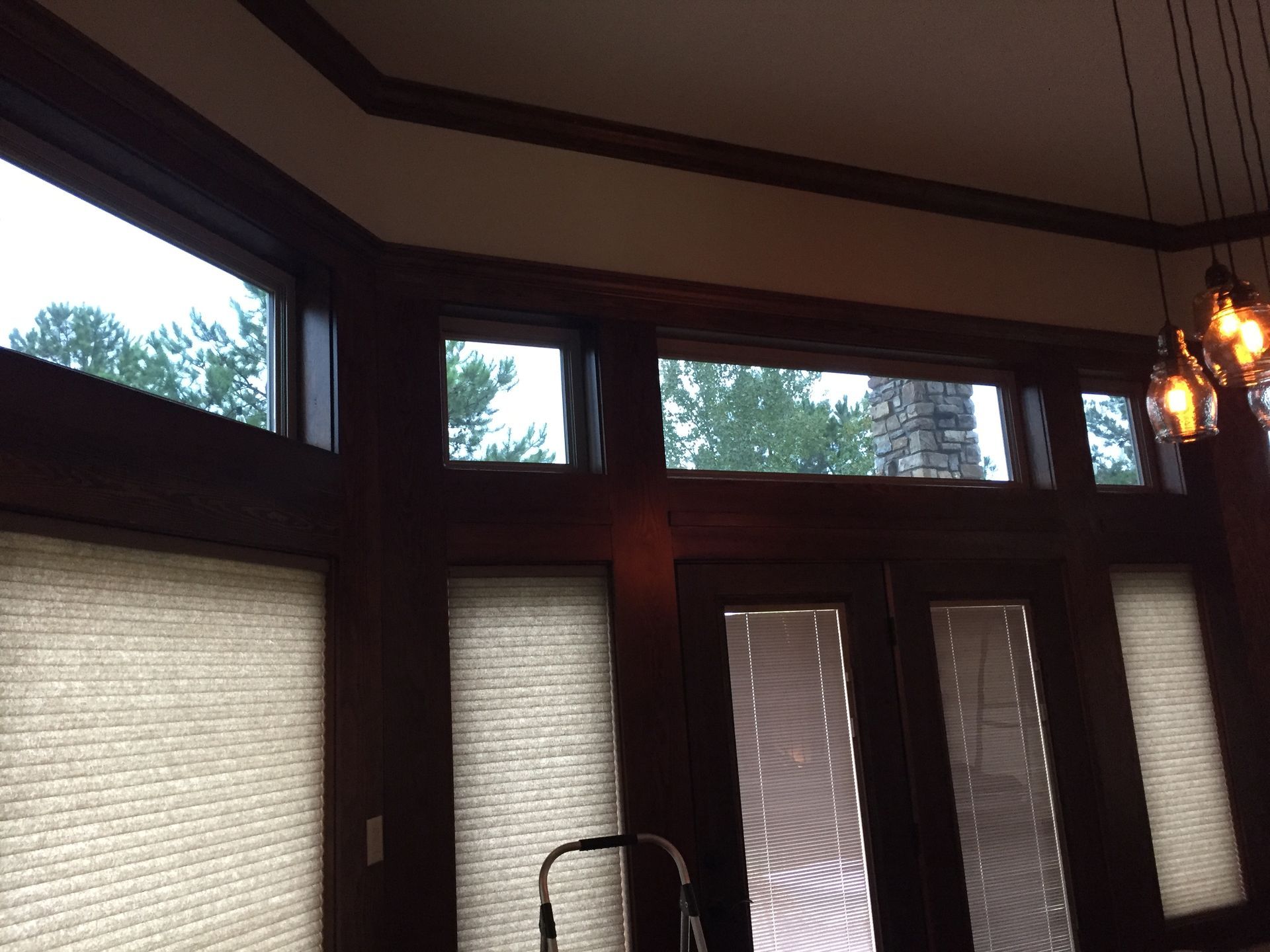Dark wood-framed windows and doors with shades and crown molding. Green trees visible outside.